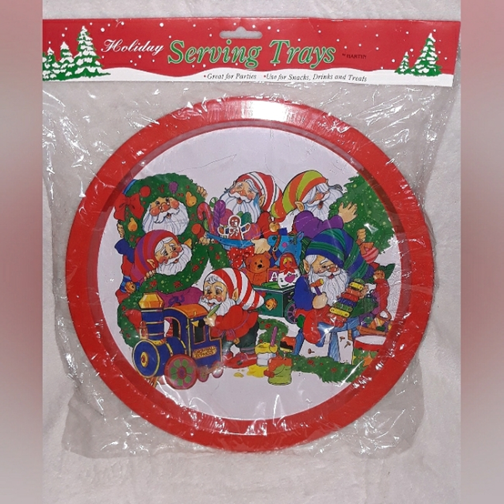 VTG New HARTIN Metal Serving Tray Circular Holiday santa elves